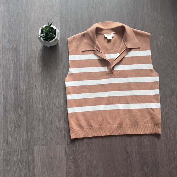Maeve (Anthropologie) Beige & White Striped Sweater Vest with Open Collar - Picture 2 of 10